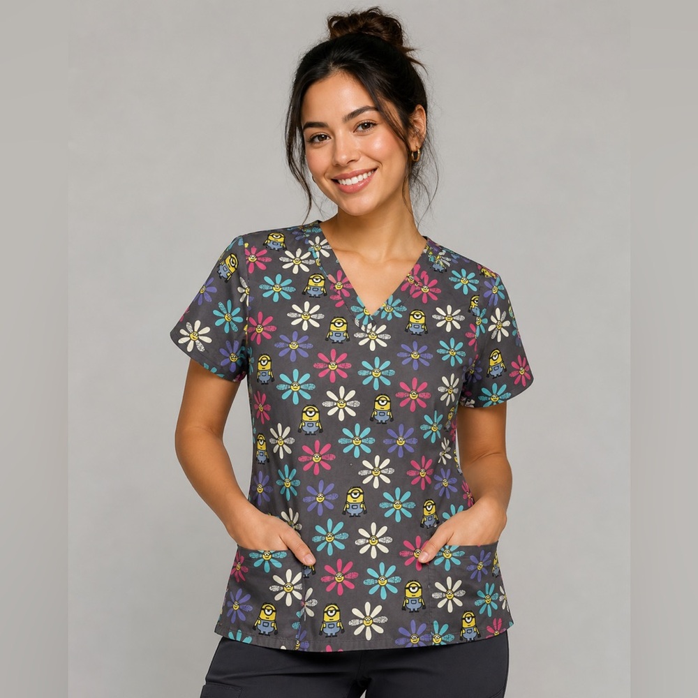 Minions Scrub Top Large Despicable Me Flowers V Neck Pockets Nursing Vet Tech